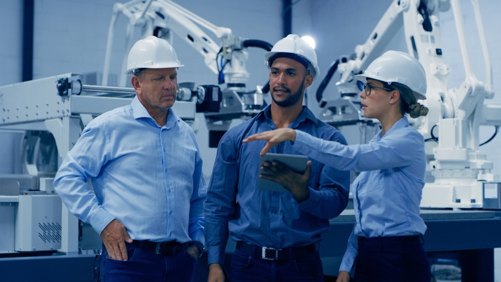 automation, tablet and men and woman in engineering lab on machine for analysis, research and discussion. technology, collaboration and engineer team on digital tech for robot, equipment and software